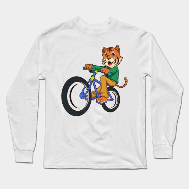 Cartoon tiger riding a bike Long Sleeve T-Shirt by Modern Medieval Design